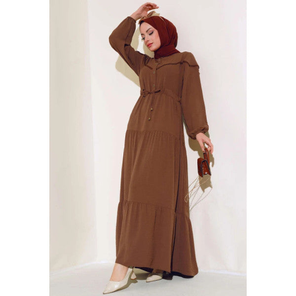 Half Button Front Tiered Dress Brown