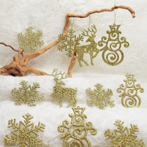 11 Piece Glitter Ornament Gold Christmas Pine Tree Ornament