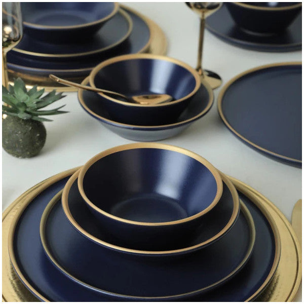 Keramika Matte Navy Blue Gold Netted Dining Set 24 Pieces For 6 People