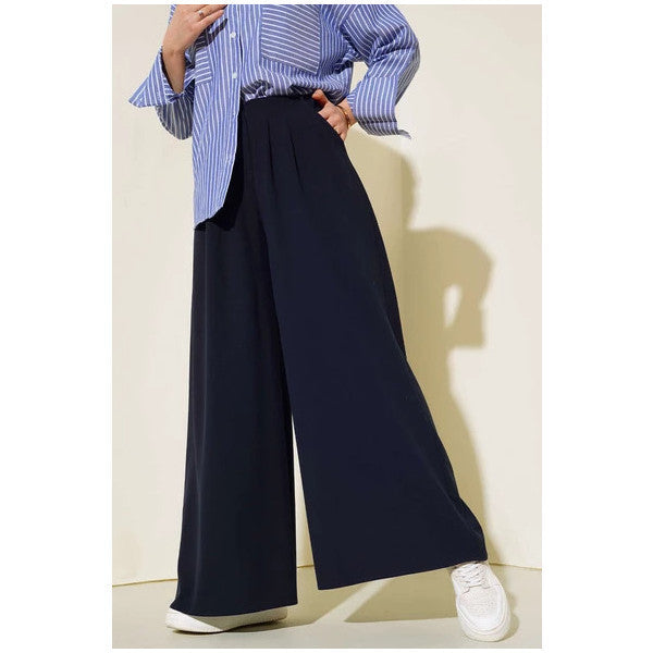 Elastic Waist Pleated Wide Leg Trousers Navy Blue