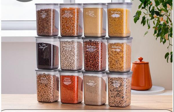 Porsima 431-Gr 12-Piece Multi-Purpose Lid Labeled Food Provision Legume Storage Container Set 1.30 Lt - Gray