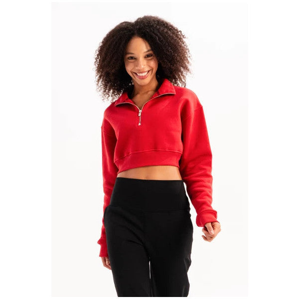 Justever Crop Stand Collar Half Zippered Raised Red Women's Sweatshirt - Vibe