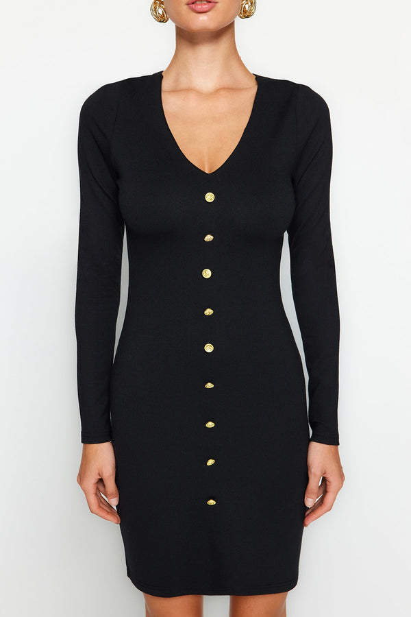 Black V-Neck Knitted Mini Dress With Interlock Button Detail Twoaw24El00625