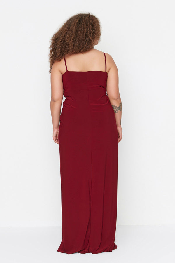 Trendyol Curve Claret Red Knot Detailed Knitted Evening Dress Tbbss22Ad00000