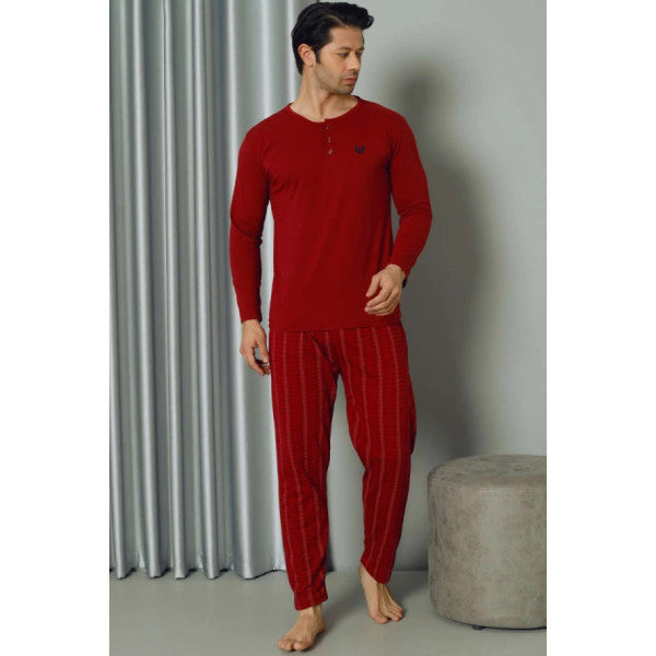 Plaid Pattern Half Button Long Sleeve Men's Pajama Set Burgundy