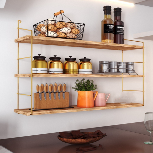 3-Piece Wall Shelf – Solid Wood with Golden Stainless Steel Plating, Decorative Kitchen and Bathroom Rack, Bookshelf