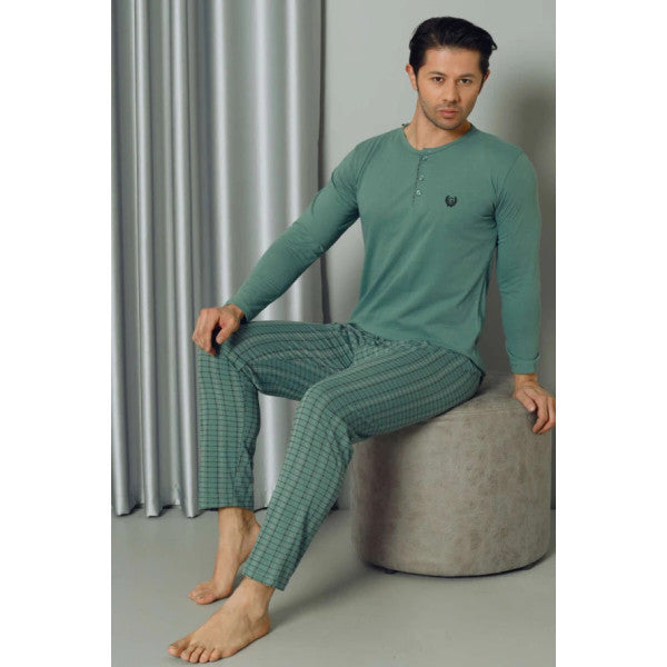 Plaid Pattern Half Buttoned Long Sleeve Men's Pajama Set Green