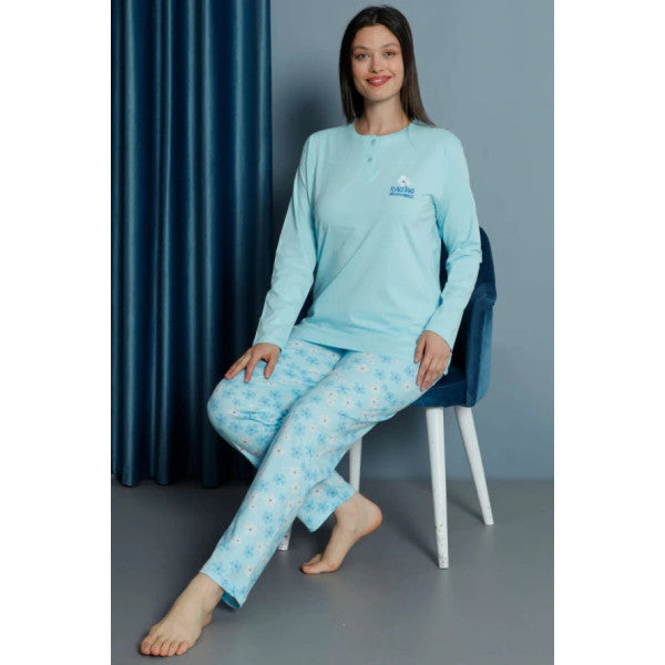 Daisy Patterned Long Sleeve Pajama Set Mint