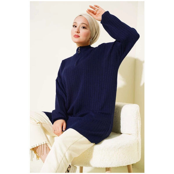 Collar Zippered Off Shoulder Knitwear Tunic Navy Blue