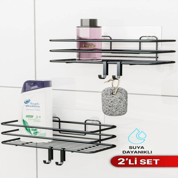 Bino Set Of 2 Bathroom Organizer Shampoo Dish Matte Black Adhesive Shower Shelf With 4 Hangers Stainless Organizer