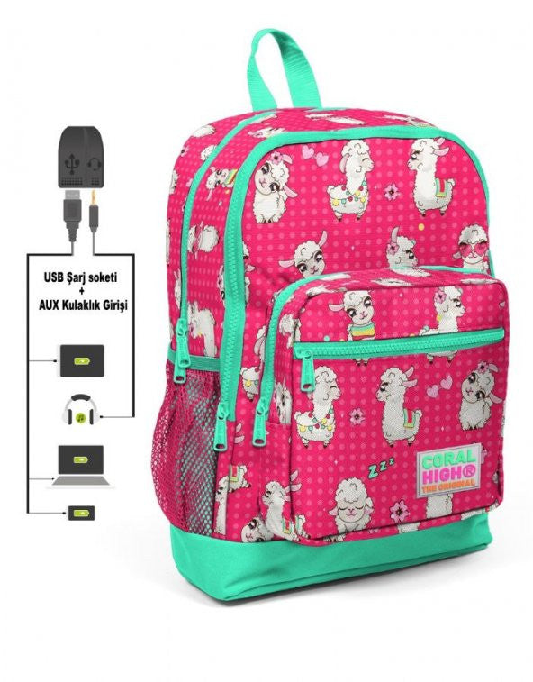 Coral High Kids Four-Eyed Girl Primary School Bag - Llama Patterned - Usb+Aux Socket