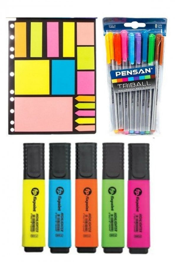 Pensan Tribal Ballpoint Pen + Fixpoint 5 Color Highlighter + A4 15 Pieces Post-It
