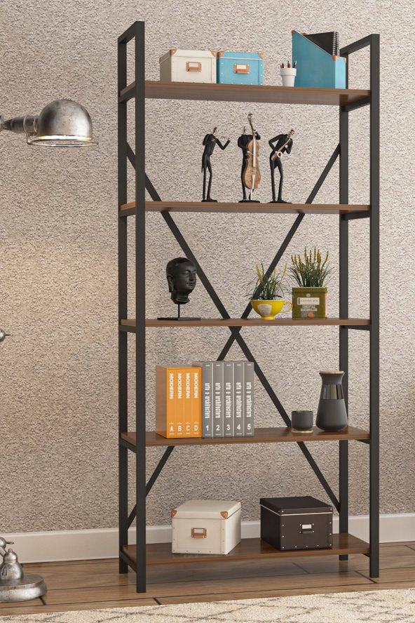 Wood House - Deniz Metal 5-Shelf Bookcase-Walnut