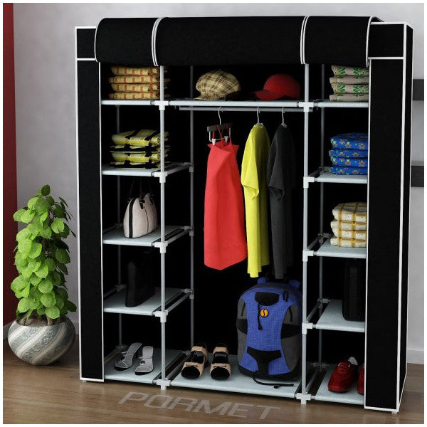Cloth Wardrobe With Double Side Shelves - Black