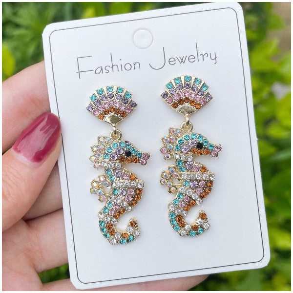 New Seahorse Figured Crystal Stone 2 Pair Women's Earrings