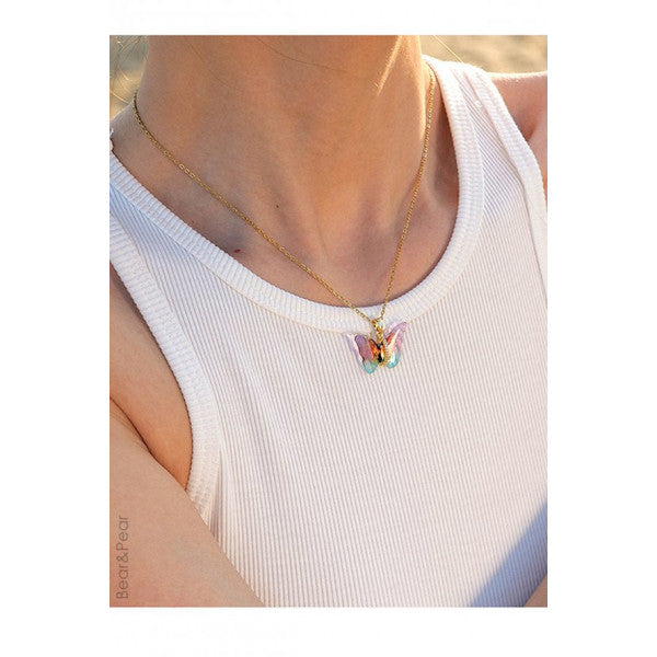 Zircon Stone Stainless Steel Pastel Butterfly Necklace for Women