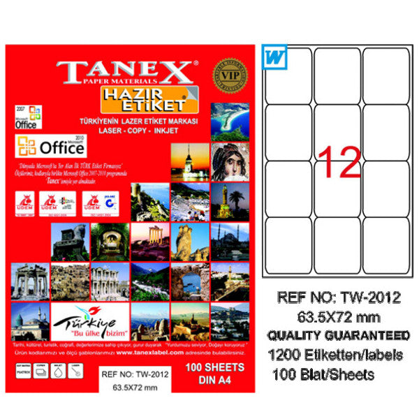 Tanex Lazer Etiket 100 Yp 63X72 Mm Laser-Copy-Inkjet Tw-2012