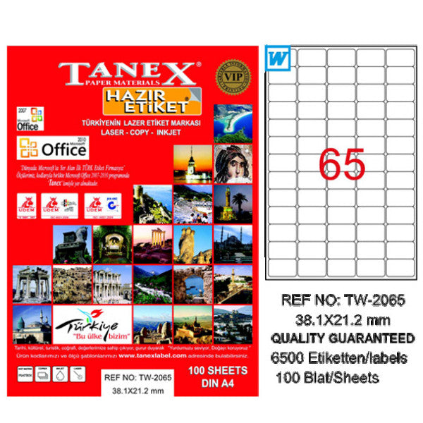 Tanex Lazer Etiket 100 sheets 38.1X21.2 Laser-Copy-Inkjet Tw-2065