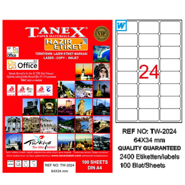 Tanex Lazer Etiket 100 Sheets 64X34 Laser-Copy-Inkjet Tw-2024