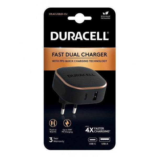 Duracell 30W 4X Fast Charging Head ( Usb-A, Usb-C ) - Black