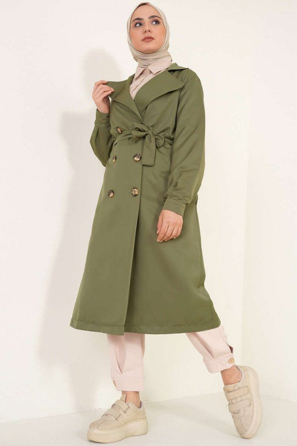 Three Buttons Double Breasted Collar Khaki Trench Coat