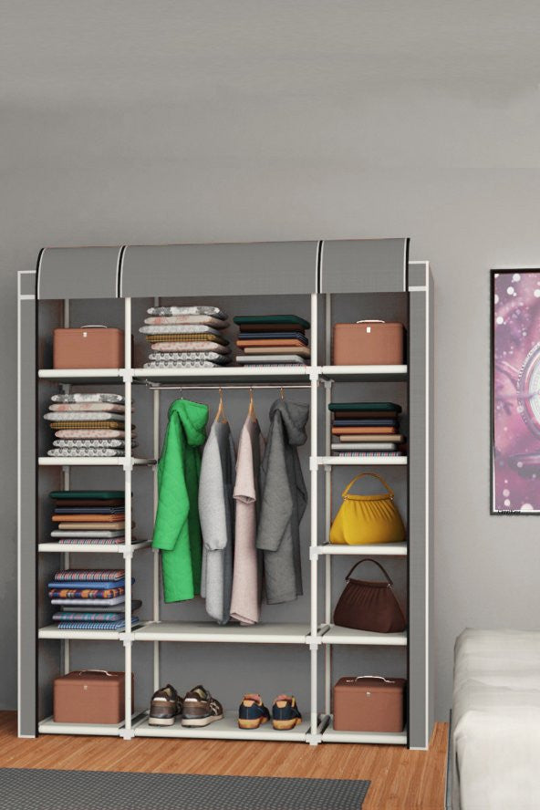 Quality Cloth Wardrobe Gray Wardrobe With Double Side Shelves
