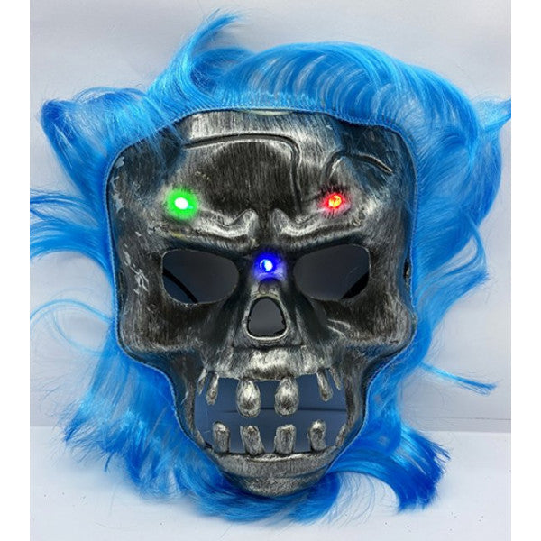 قناع الرعب ذو الشعر الأزرق بإضاءة LED هيكل جمجمة 22 × 25 سم (579)