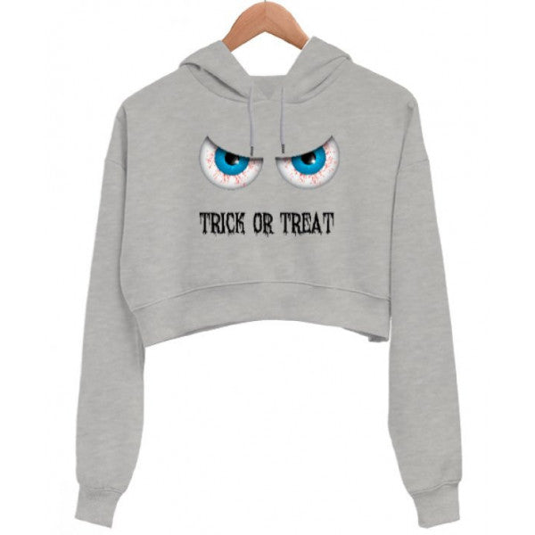 Cadılar Bayramı Eye - Hile mi Treat? Gri kadın mahsul kapşonlu kapüşonlu sweatshirt