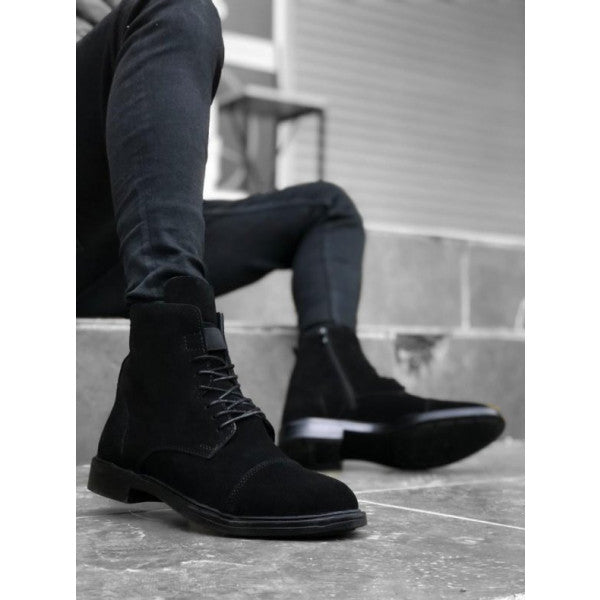 Ba0188 Inside and Outside Genuine Leather Black Suede Men's Zippered Lace Up Ankle Boots