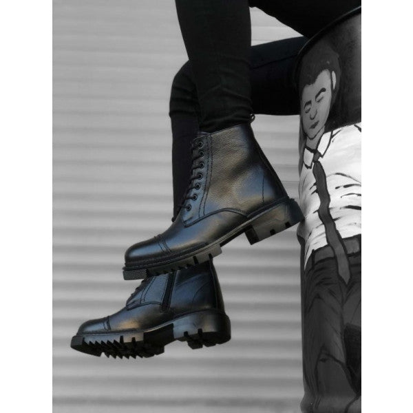 BA0187 Inside and Outside Genuine Leather Black Men's Zippered Ankle Boots