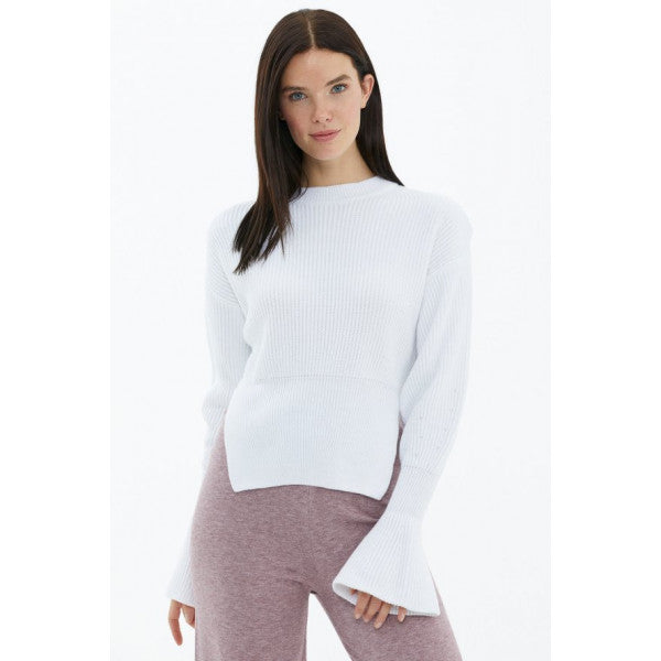 Crew Neck Slit Spanish Sleeve Knitwear Sweater - White