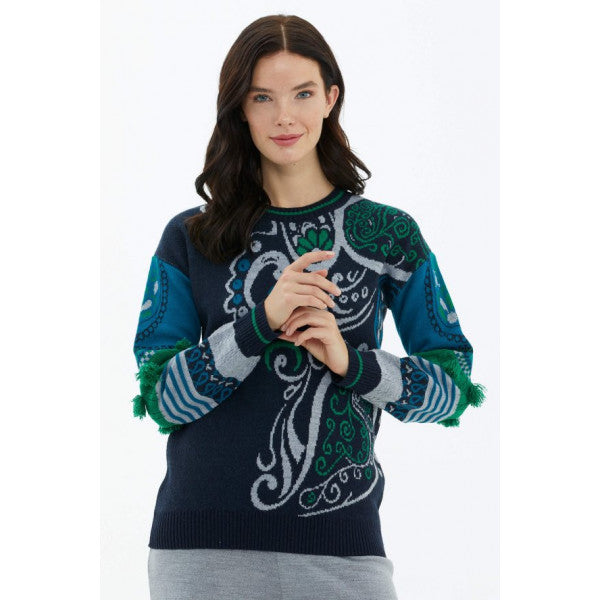 Crew Neck Sleeves Tassel Detailed Knitwear Sweater - Navy Blue