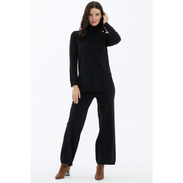 Full Turtleneck Sweater Trousers Knitwear Set - Black