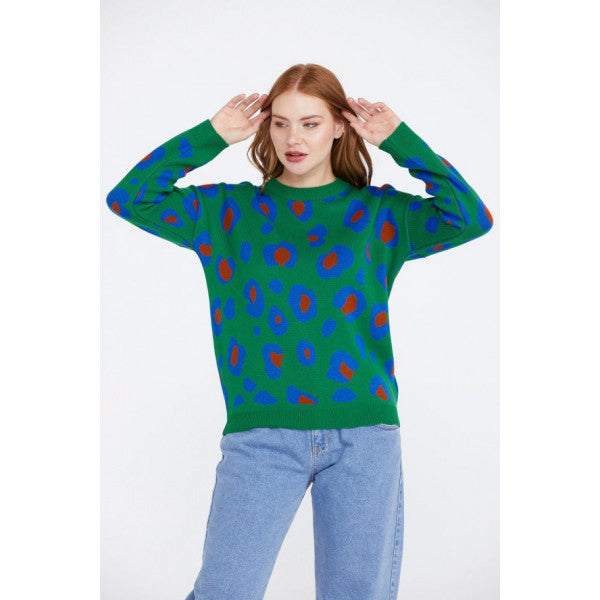 Women's Leopard Patterned Knitwear Sweater - Green