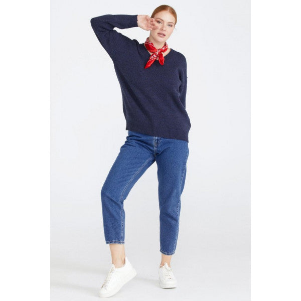 Women's V-Neck Knitwear Sweater - Navy Blue