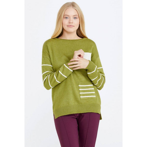 Striped Women's Knitwear Sweater with Pocket Detail - Green