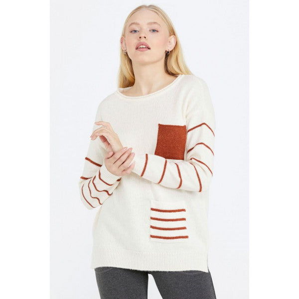 Striped Women's Knitwear Sweater with Pocket Detail - Bone