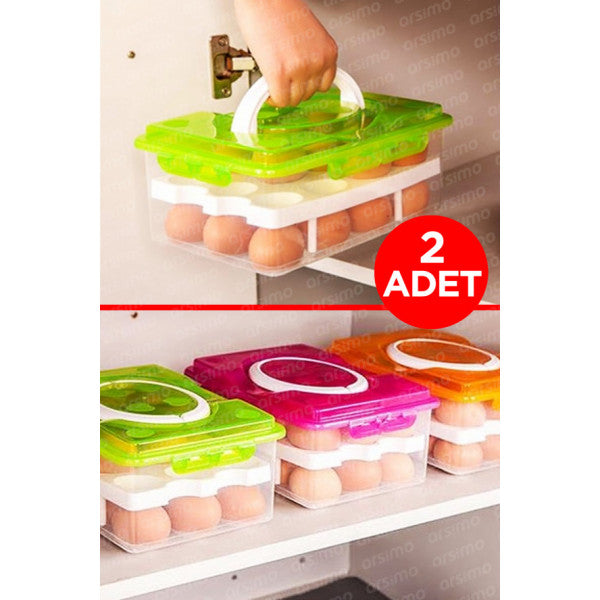 (2 Pieces) 24 Compartment Egg Storage Container | 2 Tier Egg Basket Storage Container with Lockable Handle