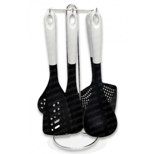 5 Piece Heat Resistant Spoon Colander Ladle Set with Stand | 5 Piece Spoon Holder Serving Set with Stand