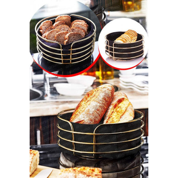 Lux Bread Basket With Fabric Hopper Stainless Steel Gold Round