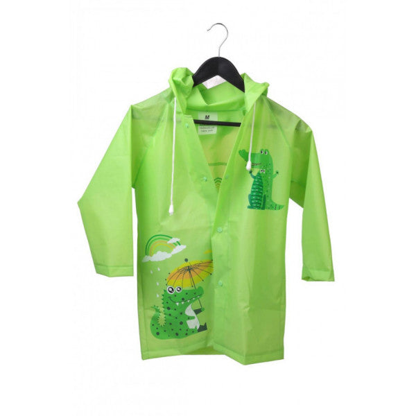 Animal Figured Hooded Children's Raincoat with Bag Green M