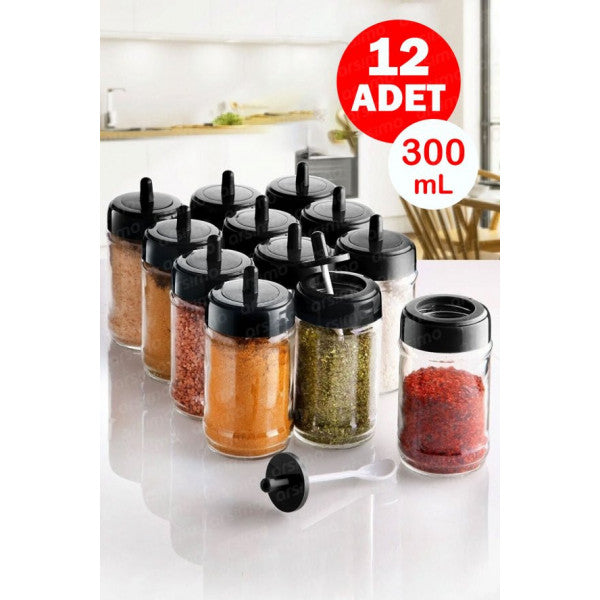 Glass Jar Spice Jar Set with Spoon 12 Pieces | Spice Jar Set with Spoon 300 Ml