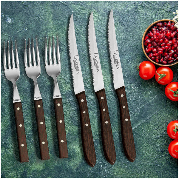 Lazbisa Kitchen Knife Set Steak Meat Fork Meat Knife Restaurant Stylish Wenge Wooden Handle Set of 6