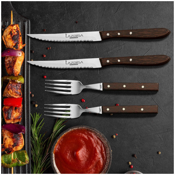 مجموعة سكاكين مطبخ Lazbisa شوكة لحم وسكين لحم مطعم أنيق بمقبض خشبي مجموعة مكونة من 4 قطع