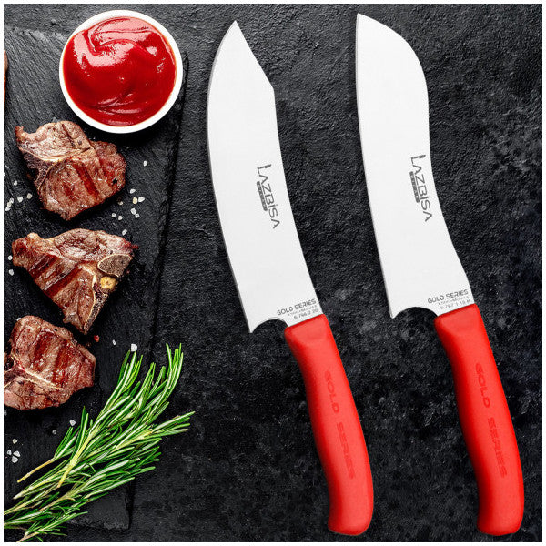 مجموعة سكاكين مطبخ من لازبيسا باللون الأحمر والذهبي مكونة من قطعتين سكين طاهٍ للحوم والخبز والخضروات والفواكه