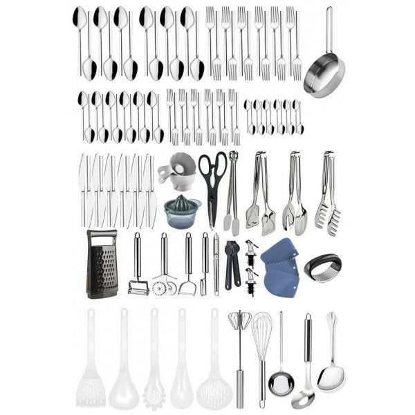 104 Piece Cooking And Tableware Set, 72 Piece Set For 12 People, Fork, Spoon, Knife Set, Sauce Ladle, Whisk.