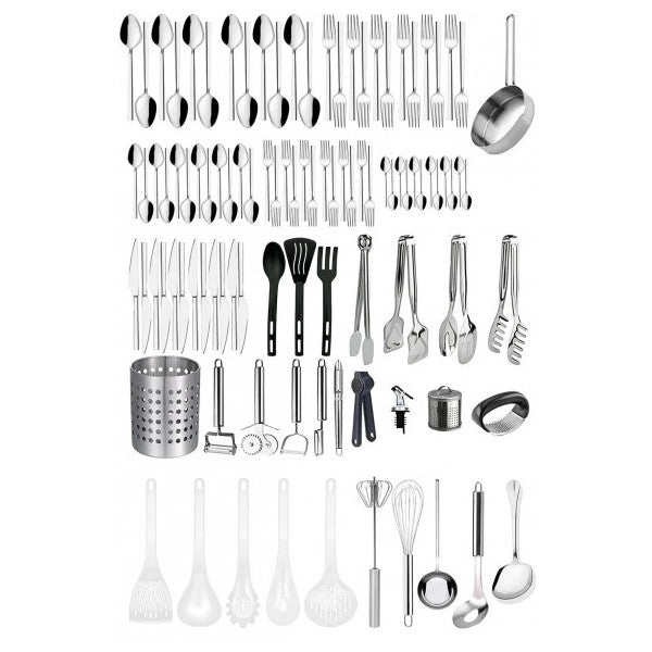 100 Piece Practical Dowry Set, 72 Piece Fork, Spoon, Knife Set for 12 People, Sauce Pan, Spoon Holder, Tongs