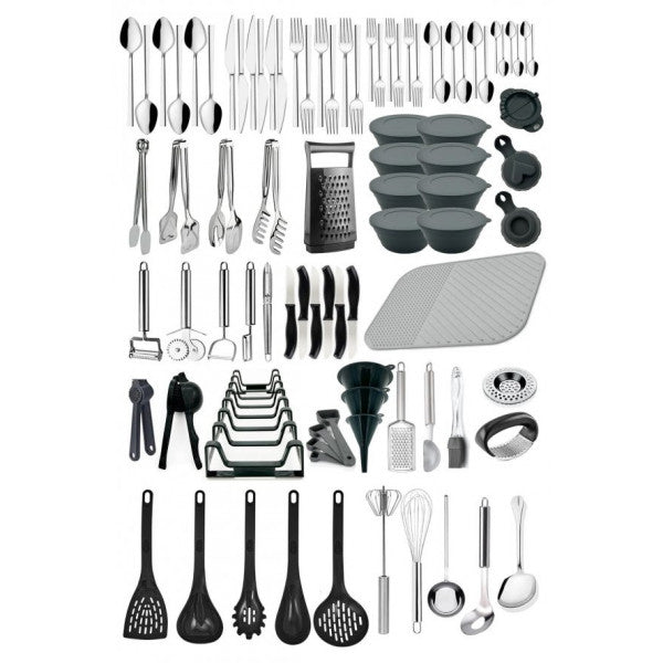 96 Pieces for 6 Persons Fork, spoon, knife, set, ladle, tongs, lemon squeezer, garlic press, plate holder, tongs set