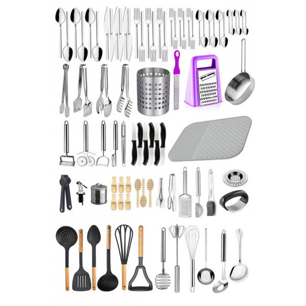 86 Pieces Stainless Steel Cutlery Set, Tongs Set, Ladle Set, Beater, Cutlery, Grater