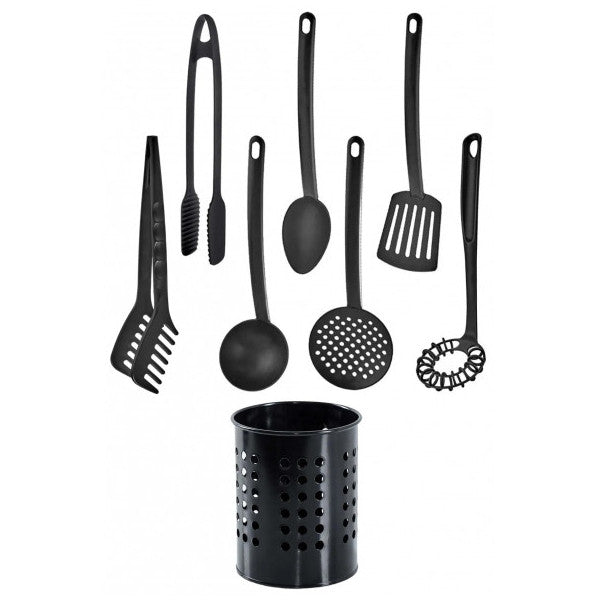 8-Piece Black Luxury Fireproof Non-Stick Teflon Coated Serving Set Ladle Spoon Colander Spatula Tongs Whisk